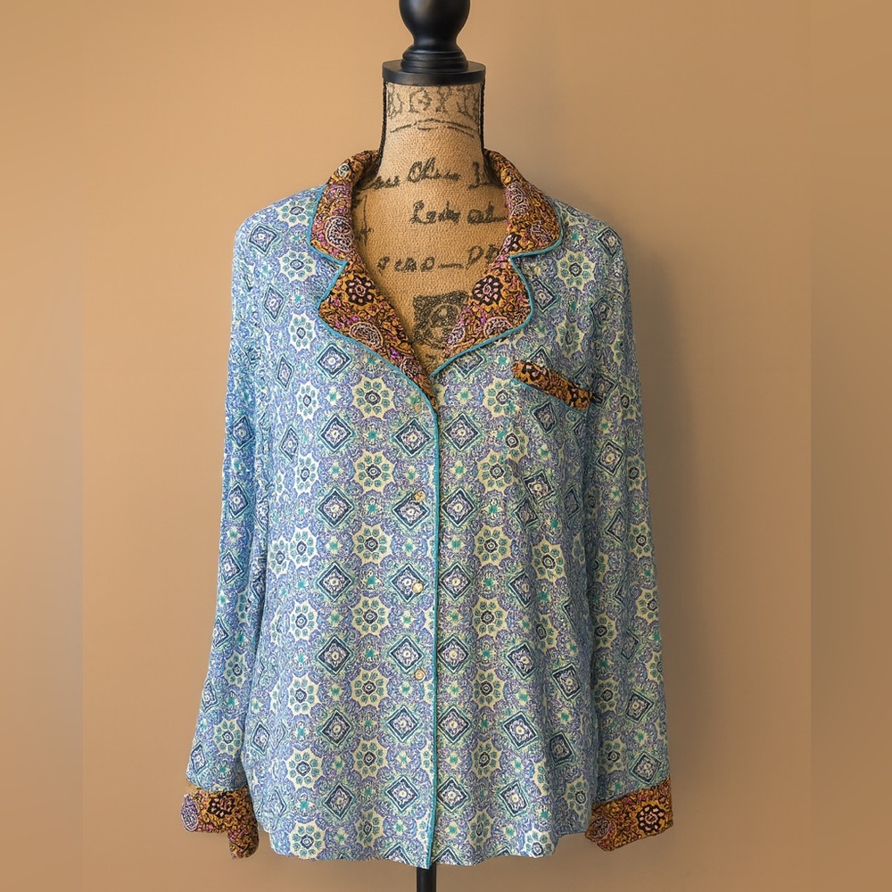 Anthropology Blue and Brown Patterned Blouse